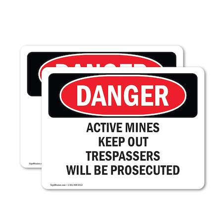 Signmission Active Mines Keep Out Trespassers Danger Sign, Vinyl Decal, 14in W x 10in L, 2PK OS-2PACK-DS-D-1014-L-1892